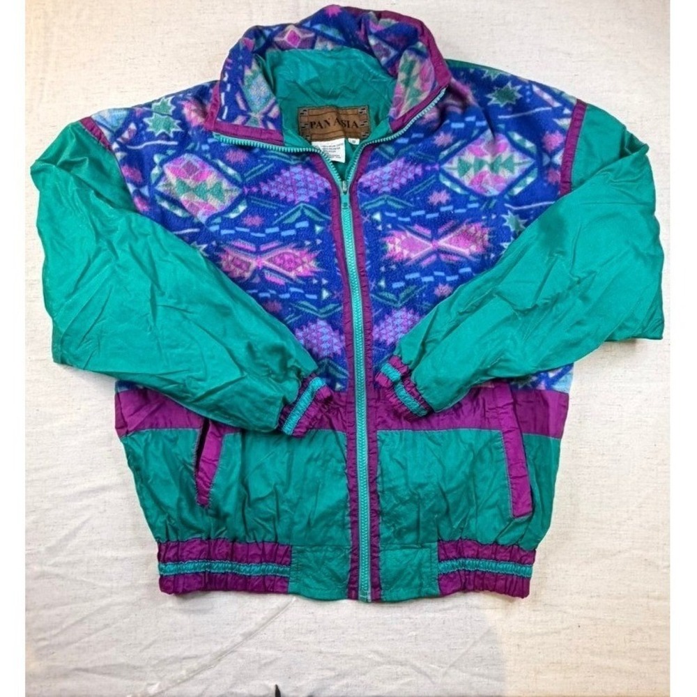 Vintage Pan Asia Aztec Jacket Womens Small Teal Purple Fleece Nylon Windbreaker